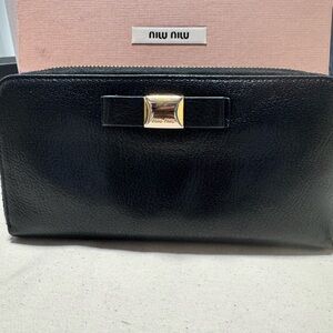 Miu Miu Black Leather Zip Wallet with Gold Bow Accent